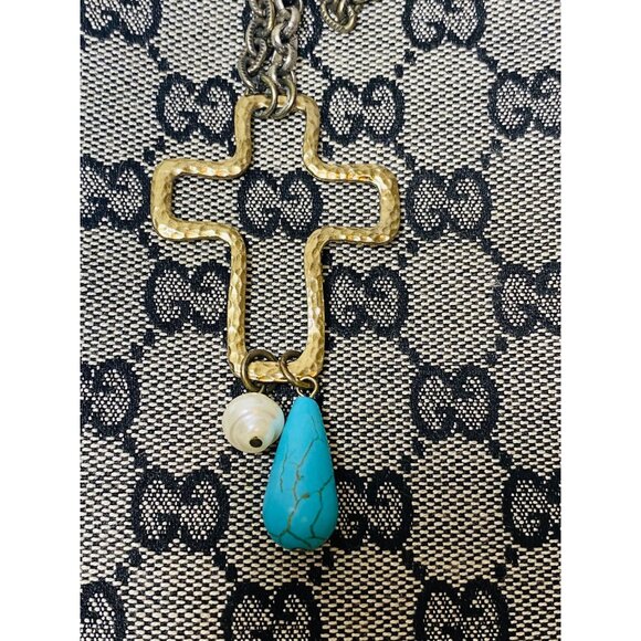 Luxury Logo Upcycled Canvas Bag Necklace with Vintage Cross Necklace W/ Pearl - Picture 9 of 17